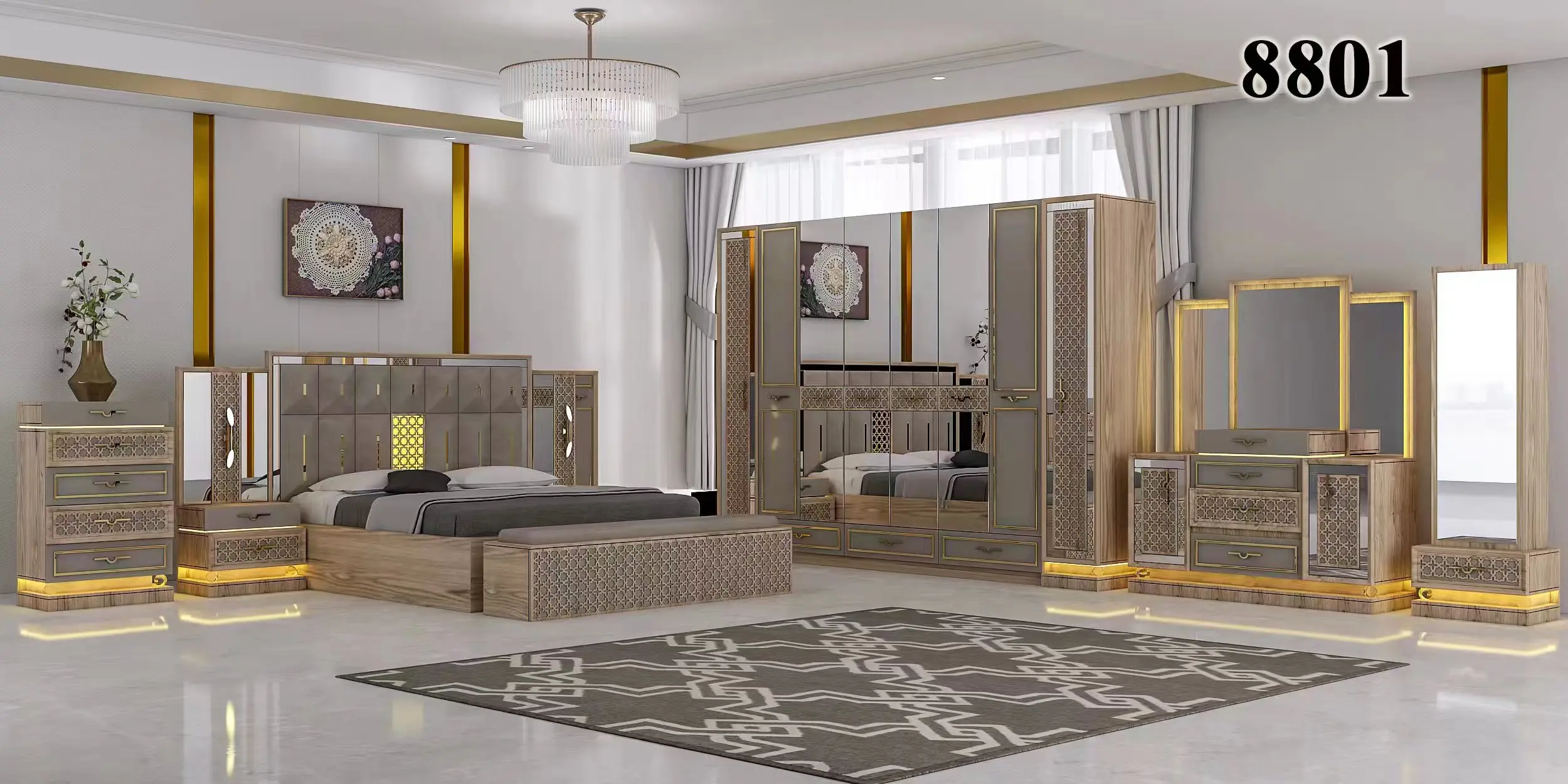 Modern New Coming Painting MDF Board Good Quality 8PCS Bedroom Set Furniture for Home