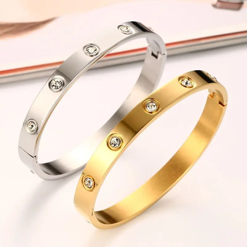 Wholesale Ladies Crystal Stone Cuff Stainless Steel Jewelry Engraved Bracelet Bangle