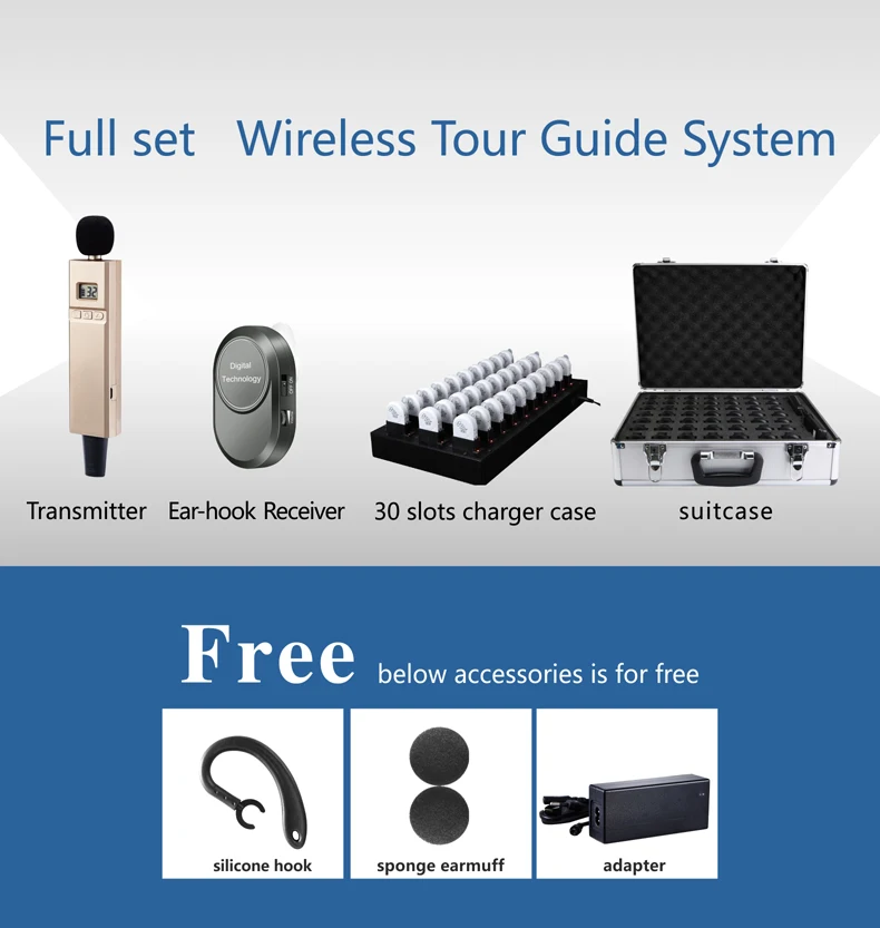 1 transmitter+30 receivers China factory UHF863-865 MHZ Ear hook Digital meeting audio guide device, tour guide equipment system
