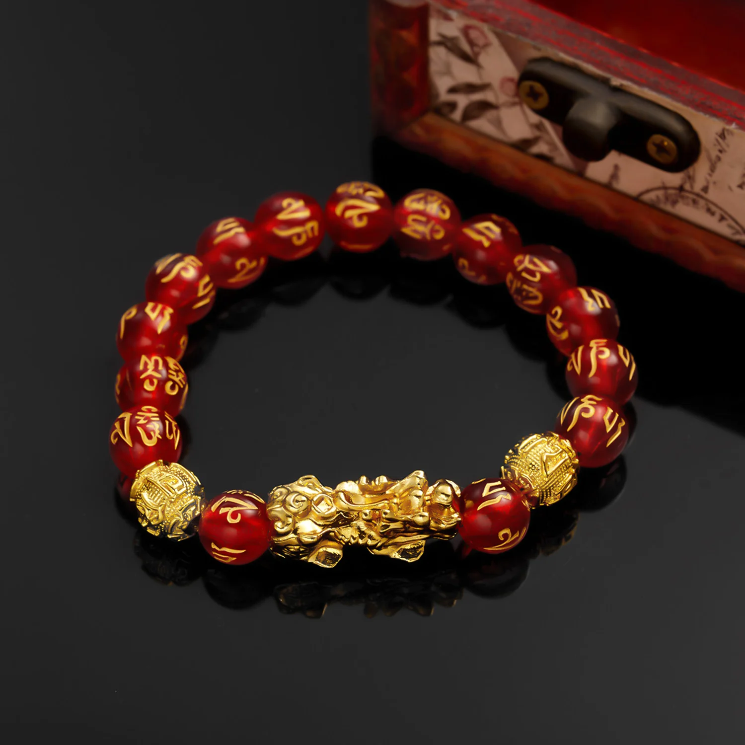 Fashion Golden Pixiu Six-character Mantra Buddhist Bead Bracelet Crystal Evil Lucky Pixiu Feng Shui Bracelet