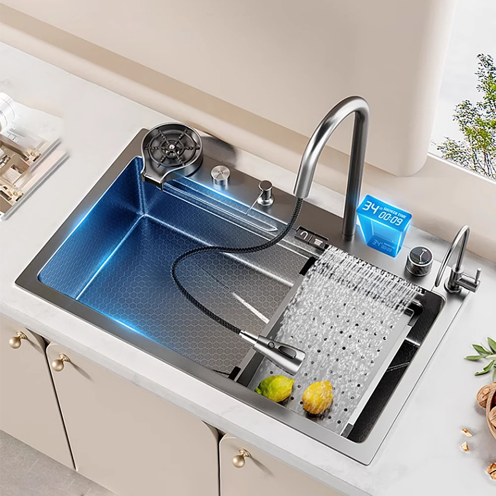 Nano Grey cup washer smart kitchen sink  multifunction kitchen sink waterfall sink kitchen