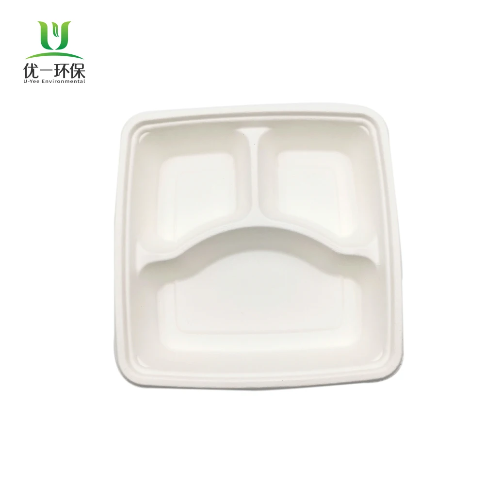 Disposable Biodegradable Bagasse Tray 3 Compartment Plastic Free Sugarcane Takeaway Food Containers