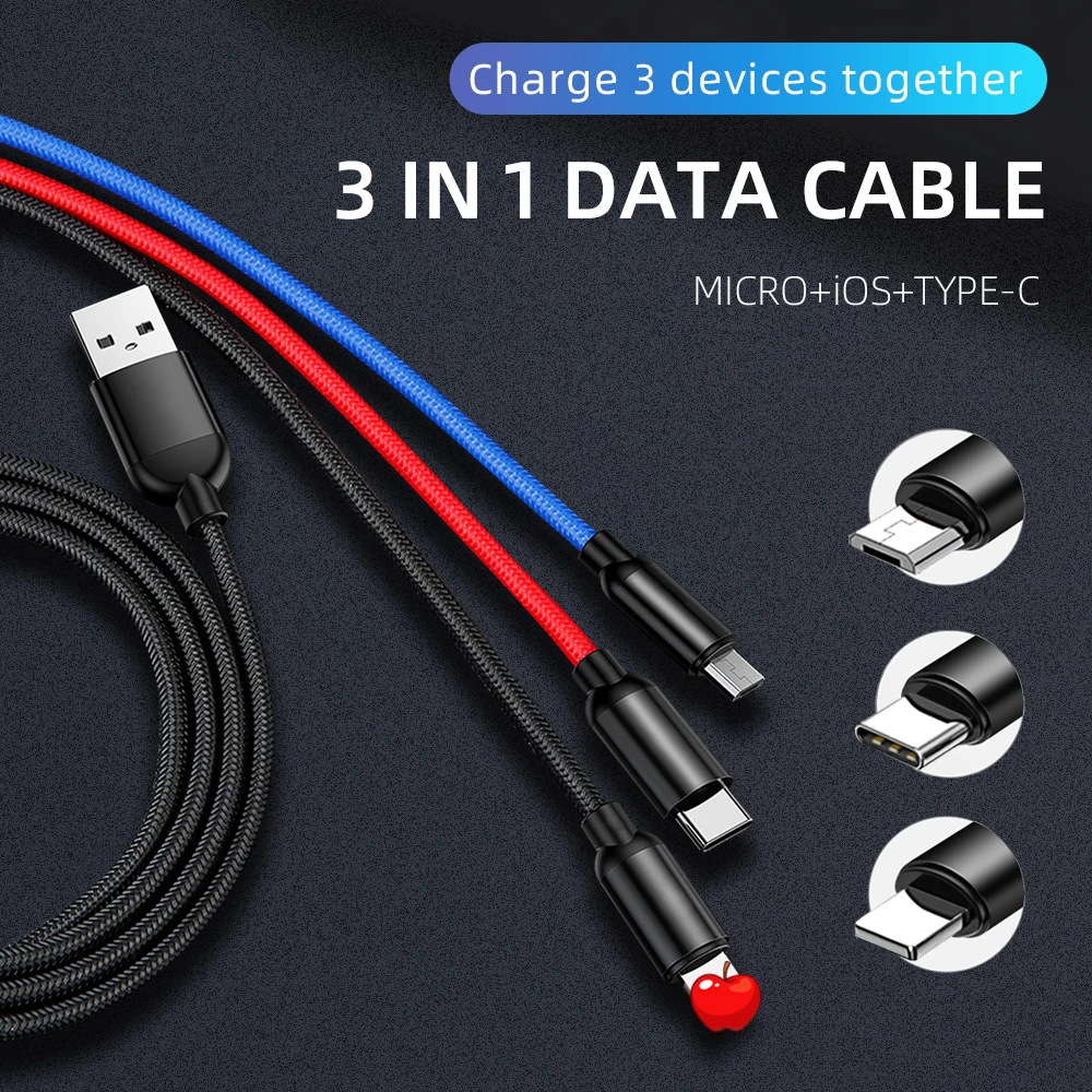 Более высокая скорость зарядки 3 А I6, V8 и 3-разъём Type-C в одном и том же с кабелем разные цветовые ветви