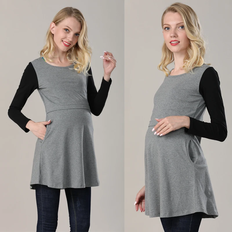 Autumn/Fall Long Maternity Blouse Long Sleeve Women Pregnancy Clothes Stretch Cotton Lactation T shirt Color Block