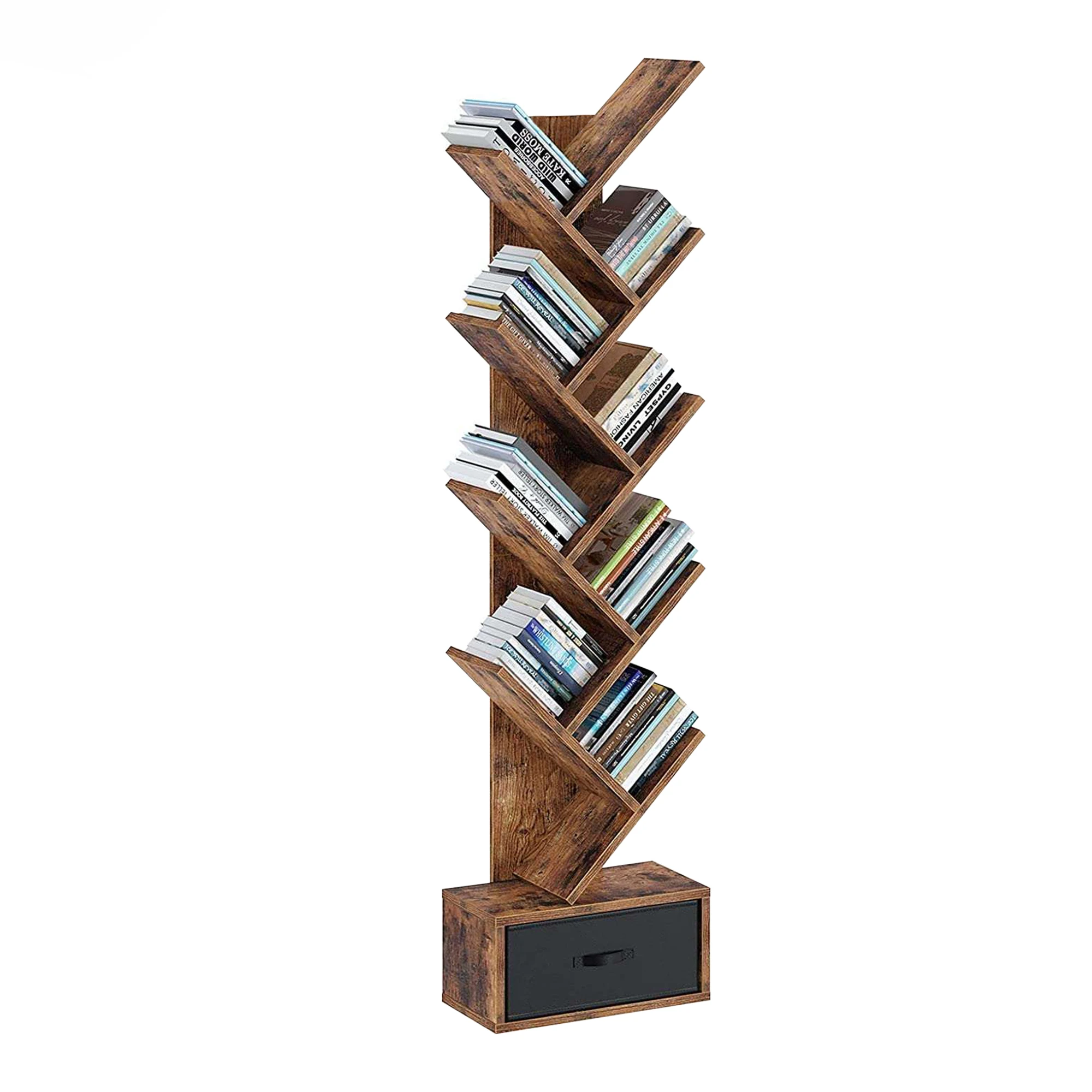 rustic wooden tree like bookshelf CD wood bookcase storage rack with drawer