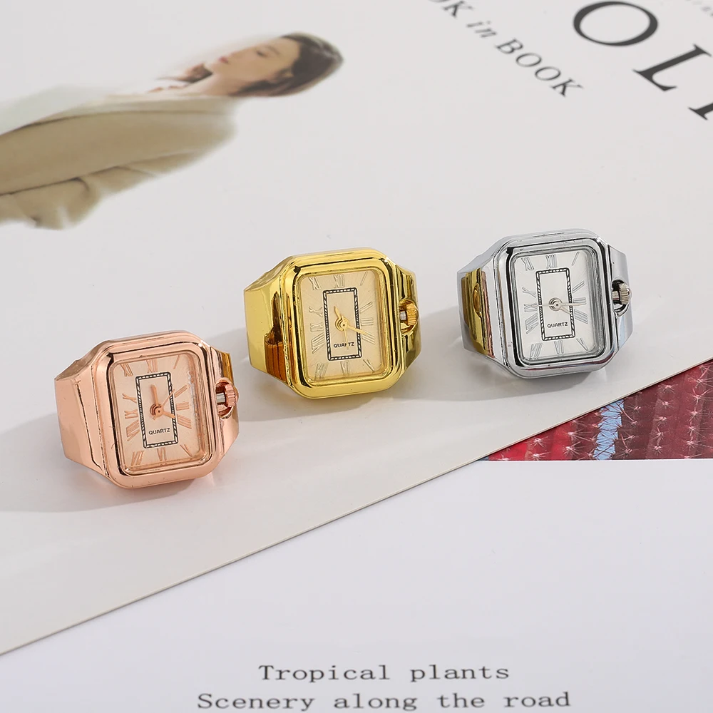 Mini Square Ring Watch Finger Watch Ring Dial Quartz Elastic Watchband Steel Brand Gold Plated Vintage Mini Ring Watches
