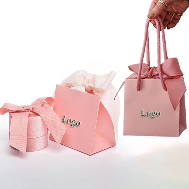 New Arrival Custom Printed Your Own Logo White Pink Black Jewelry Gift Craft Shopping Paper Bag With Bow Ribbon Handles