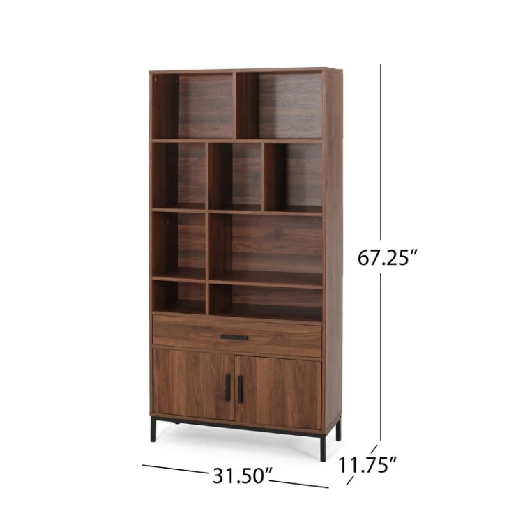 Factory wholesale home storage display cabinet open wooden tall bookshelf bookcase in walnut with metal leg