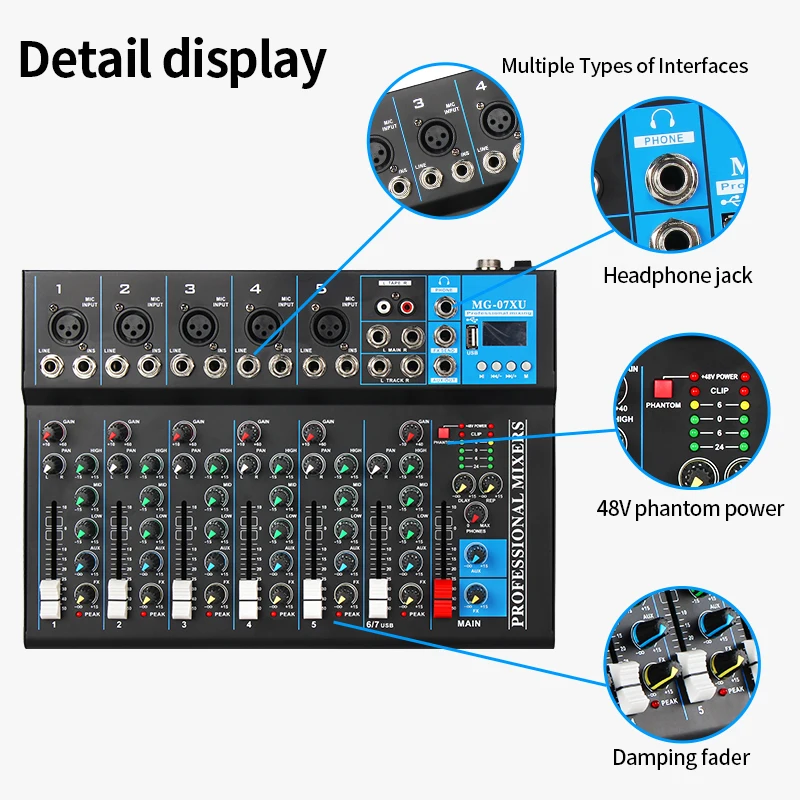 MG-07 Профессиональный 7-канальный аудио микшерный пульт с USB MP3 плеер DSP DJ