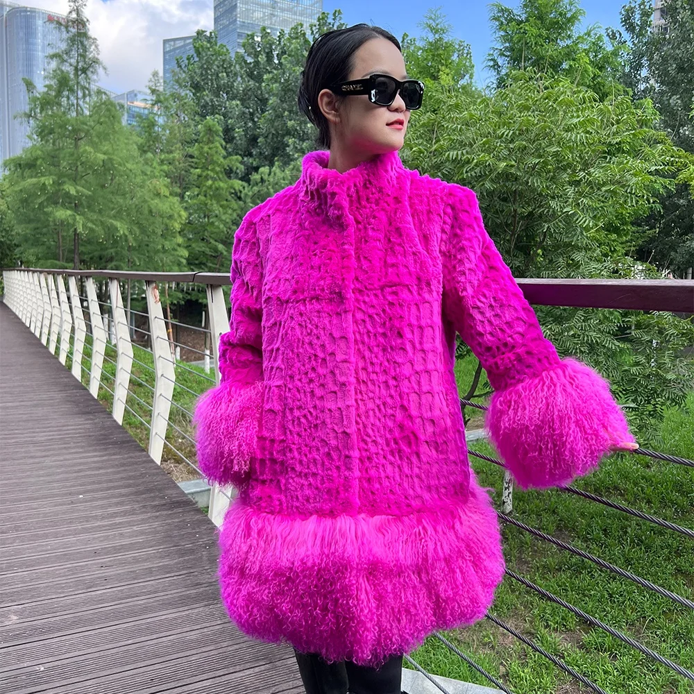 Women Fashionable Fuchsia Color Rex Rabbit Fur Jacket Real Fur Coat with Lamb Fur Stand up Collar Wholesale Price From Factory