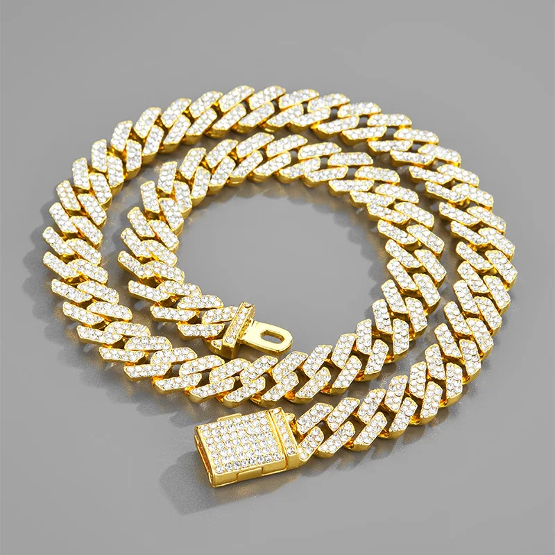 High Quality Full Rhinestone 18 20 22 24 Inch Diamond Shaped Versatile 12mm Width Hip Hop Jewelry Drilling Cuba Chain Necklace