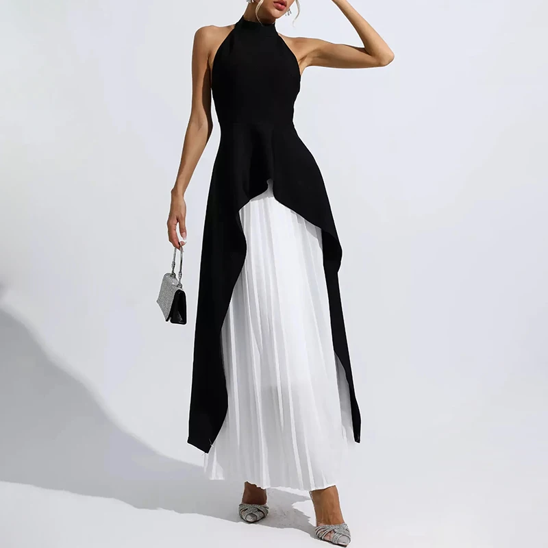 Custom trendy sleeveless halter black and white maxi party dress backless pleated dresses for women