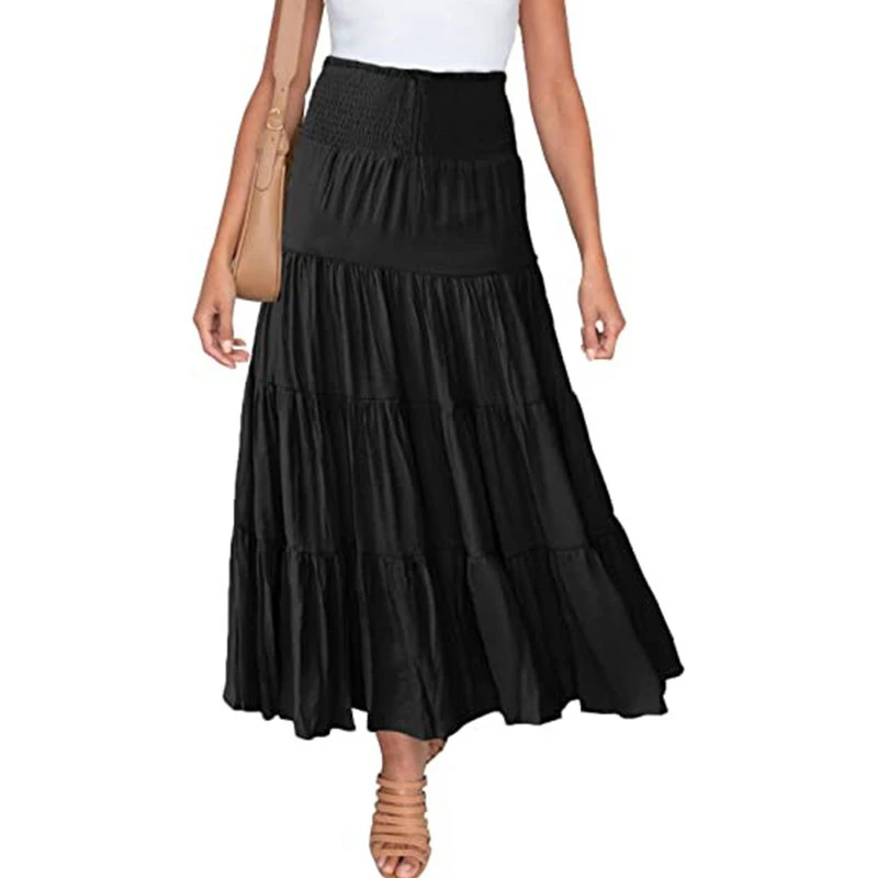 Custom Bohemian Women Summer Casual Elegant Plain A-line Tiered Maxi Skirt
