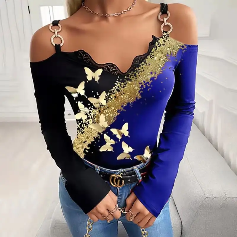Fashion bronzing butterfly pattern tops for women low-cut sling women shirts 2021 lace edge plus size women clothing