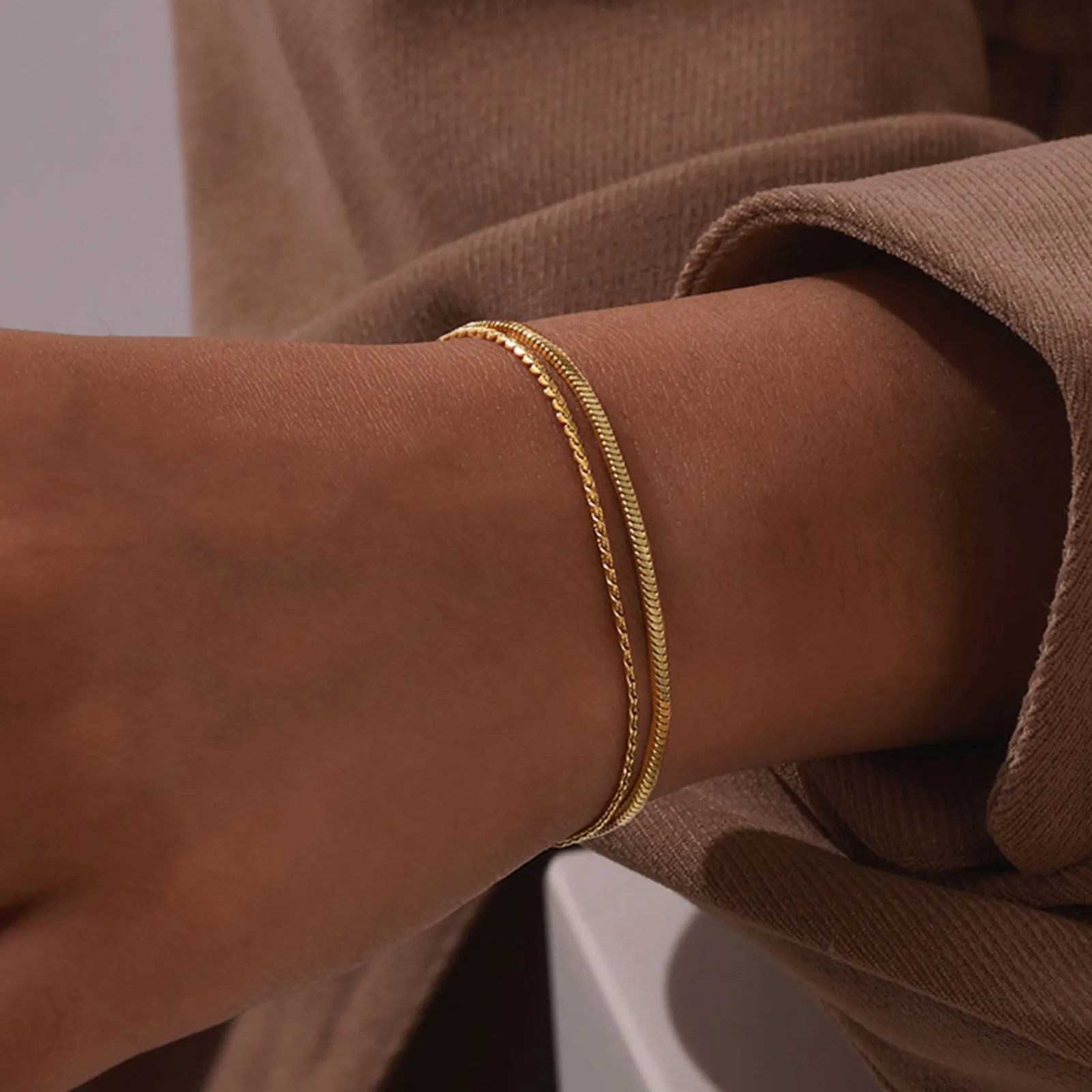 Wholesale European And American Gold Jewelry Stainless Steel S Chain Square Snake Chain Double Layer Bracelet