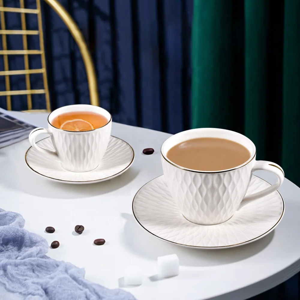 6 Cup & Saucer Set 90ml Royal Nordic Gold Luxury Rim Embossed C&S Set Porcelain Fine Bone China Coffee and Tea Cup Sets