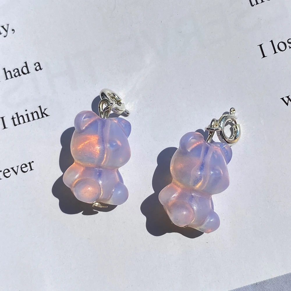 Wholesale Price Pink Opalite Crystal Mini Little Bear Carving Necklace Pendant With 925 Silver Hook