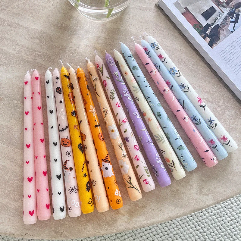 10inch handmade printed painted  flower pattern romantic smokeless candlelight dinner wedding taper long pole candles