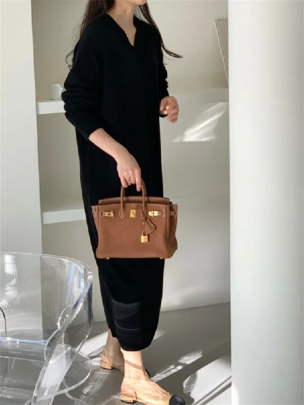 European American plus size knitted dress autumn winter Japanese Korean fashion slimming V-Neck Collar Knitting dress