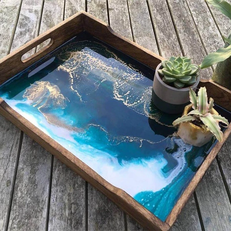 Eco-Friendly Home Decoration Arab Style Wooden Tray Luxury Serving Customized Epoxy Resin Wooden Serving Trays