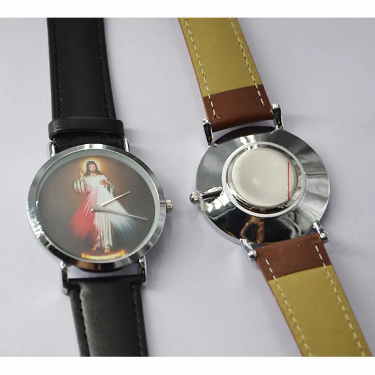 Stock Cheap Alloy Silver Case Leather Strap Quartz Movement Jesus Mens Fashion Watch