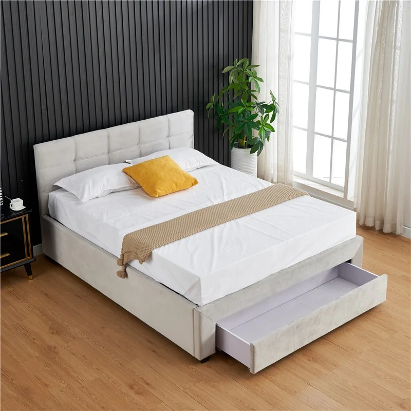 Light Grey Tufted Modern Master Bedroom Furniture Bed With Drawers Storage Bed Queen King Size Modern Soft Bed Frame