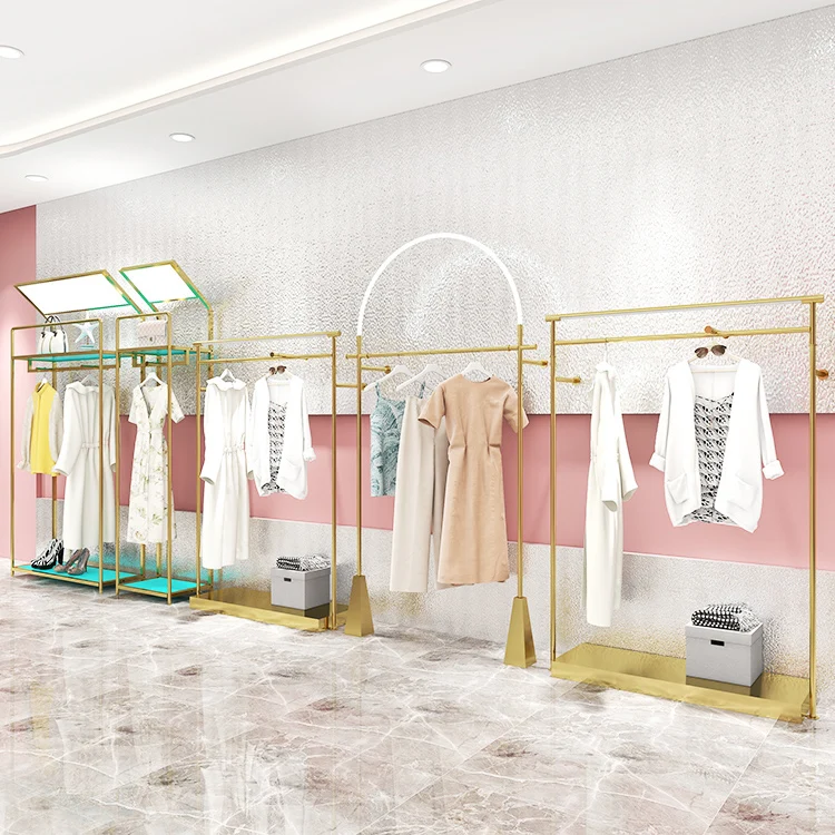 Clothing Store Display Stand Decoration Boutique Clothes Racks Metal Stainless Steel Mirror Gold Clothing Rack with LED Light