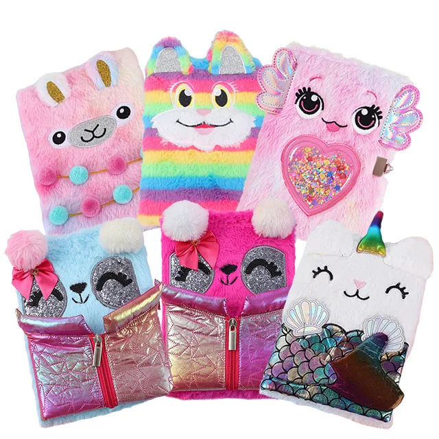 Children girl gift kawaii mini cute note book cartoon animal soft fluffy plush diary notebook