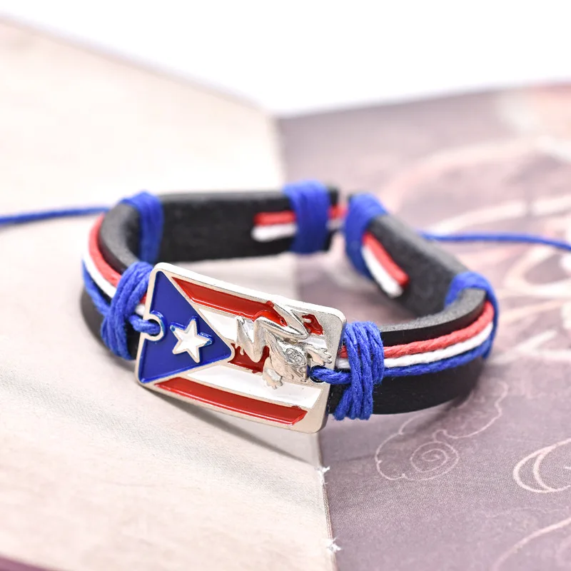 High Quality Three-dimensional Relief Frog Style Flag Woven Leather Bracelet Men Puerto Rico Wholesale Jewelry Bracelets Bangles