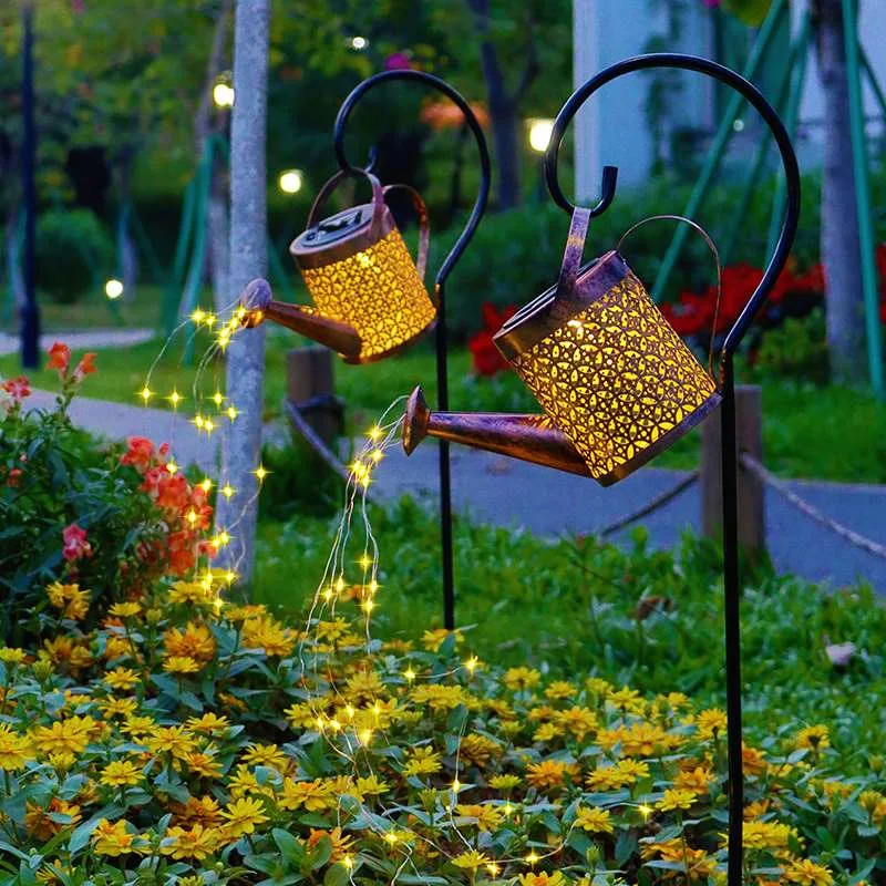 Solar water kettle lamp garden decorated with colorful lines hollow out solar lawn light villa iron art retro atmosphere lamp