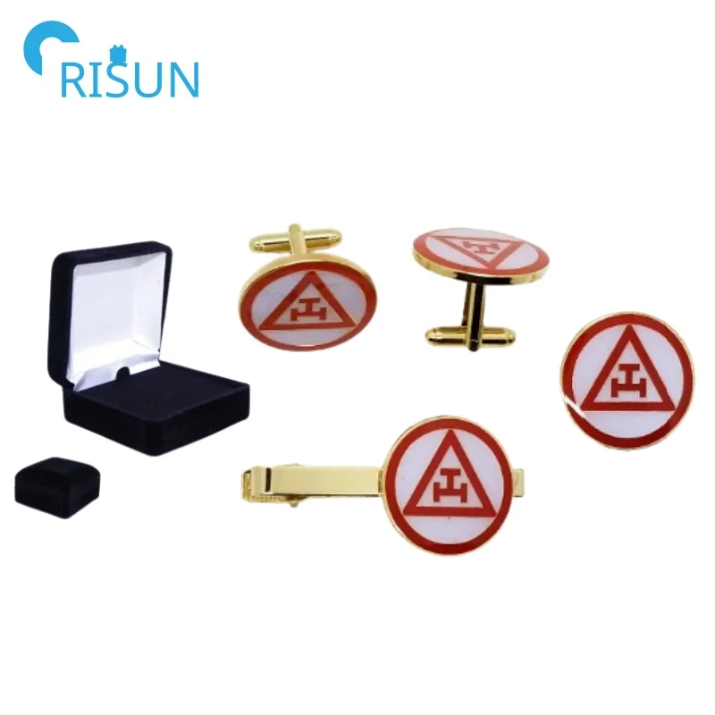 Manufacture Metal Custom Royal Arch Masons Masonry Triple Tau Cuff Links Masonic Cufflinks Tie Bar Clip for Men Suit
