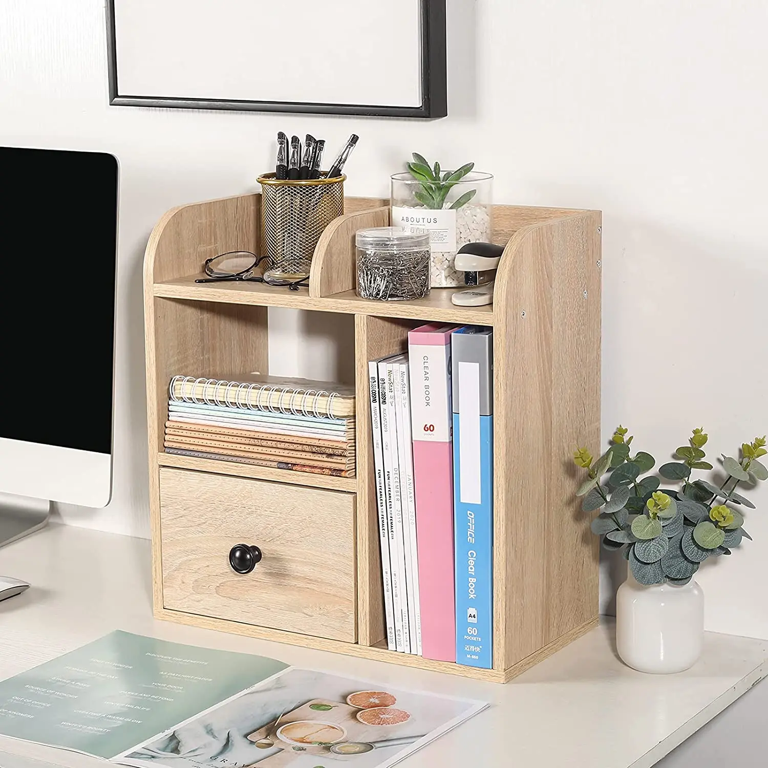 Wood Desk Organizer  Desktop Book Shelf Bookcase Storage BookShelves for Tabletop Books Holder Stand