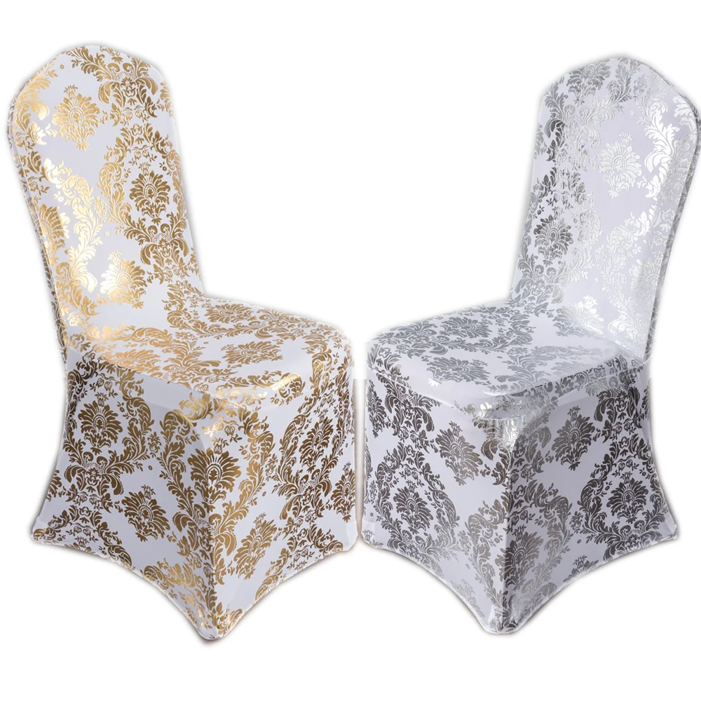 Universal Spandex Stretch Elastic Chair Cover Dining Event Gold Damask Printed Chair Cover For Wedding