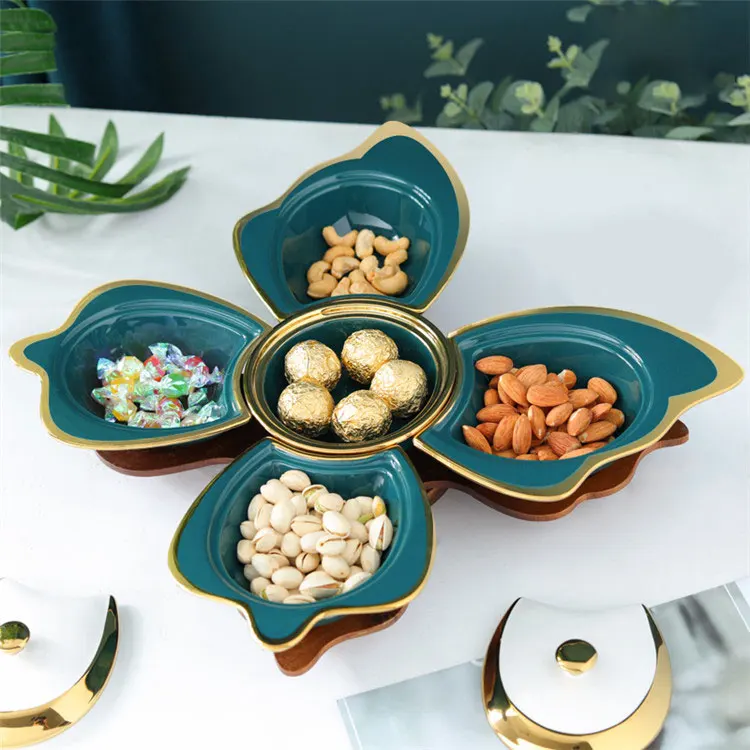 Butterfly shape wooden pallet rotatable divided practical decorative ceramic fruit nut plate for weddings