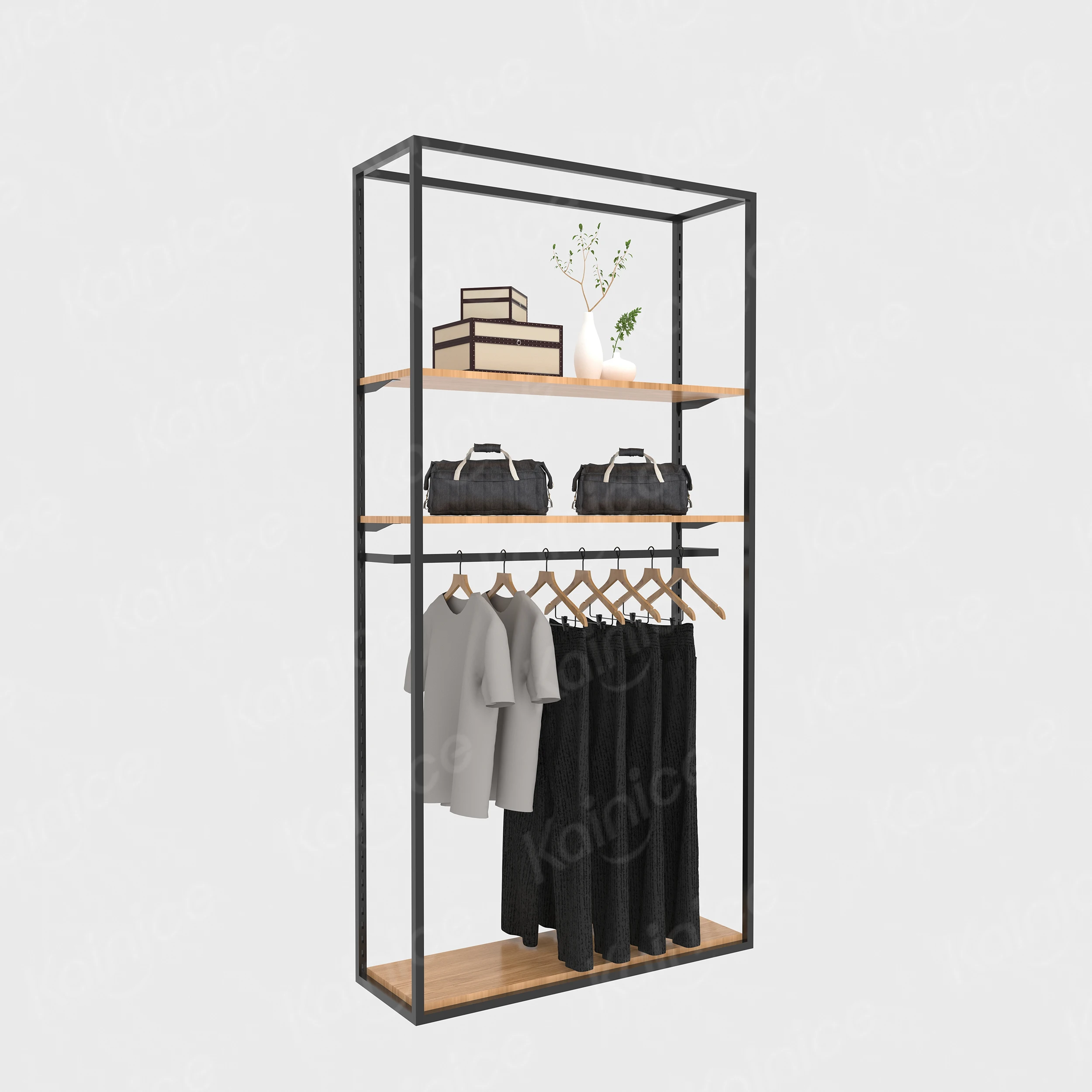 Kainice boutique garment clothes metal wood display racks shelf stand for retail shop clothing store furniture with shelves