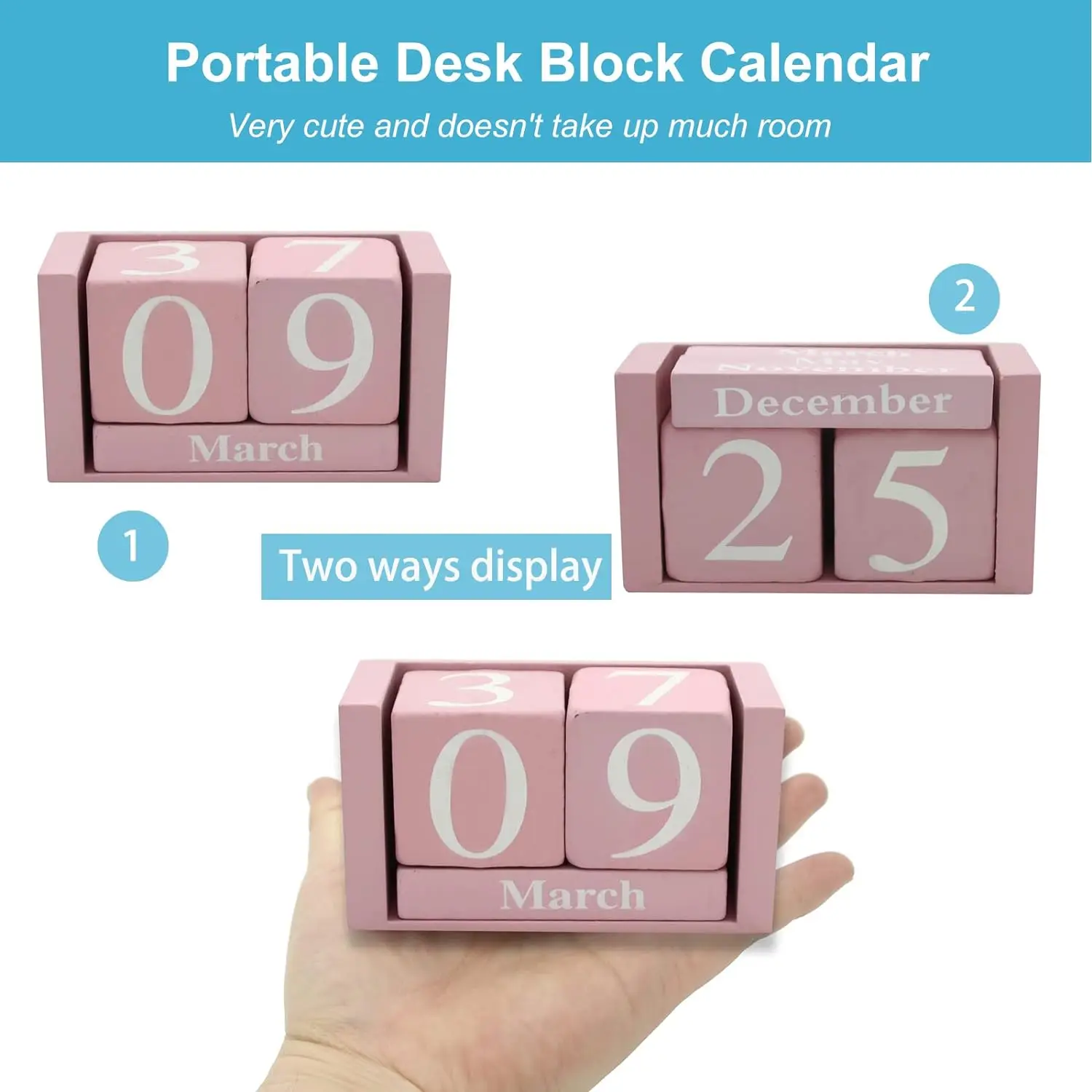Zhonghuan Brand Wooden Desk Calendar - Pink Office Decor for Women - Perpetual Calendar Block Month Date Display