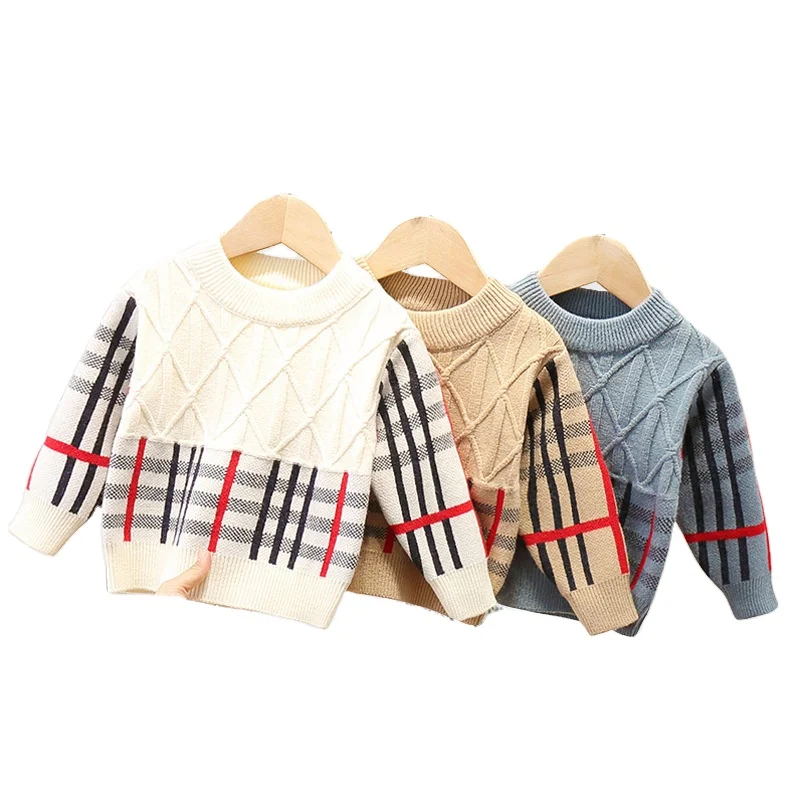Корейский стиль, Зимний вязаный детский пуловер в полоску с круглым вырезом, свитера