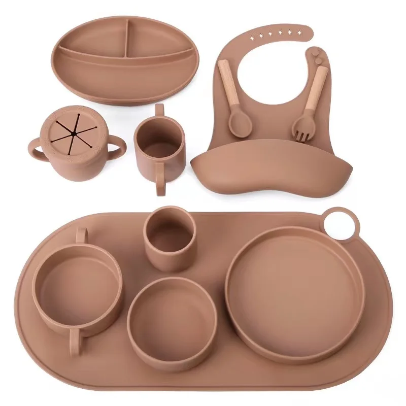 Customized Learning Feeding Spoon Suction Bowl Toddler Plate Set Non-Slip Open Drinking Training Cup Silicone Baby Tableware