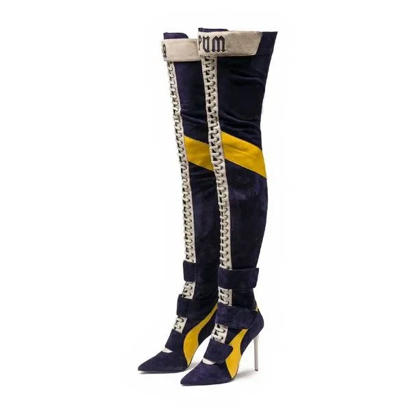 Women Fashiom Over The Knee Boots Cross-tied Thin High Heels Shoes Point Toe Patchwork Canvas Long Boots For Women