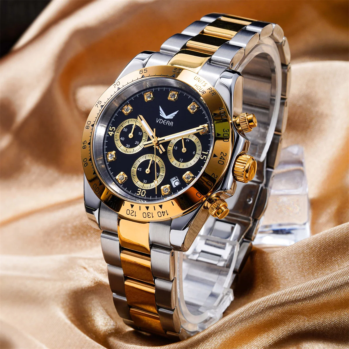 Fashion Diamond Scale Three Eye Dial Waterproof Luminous Quartz Orologio Uomo Luxury Watches Custom Logo Chronograph Man Watch