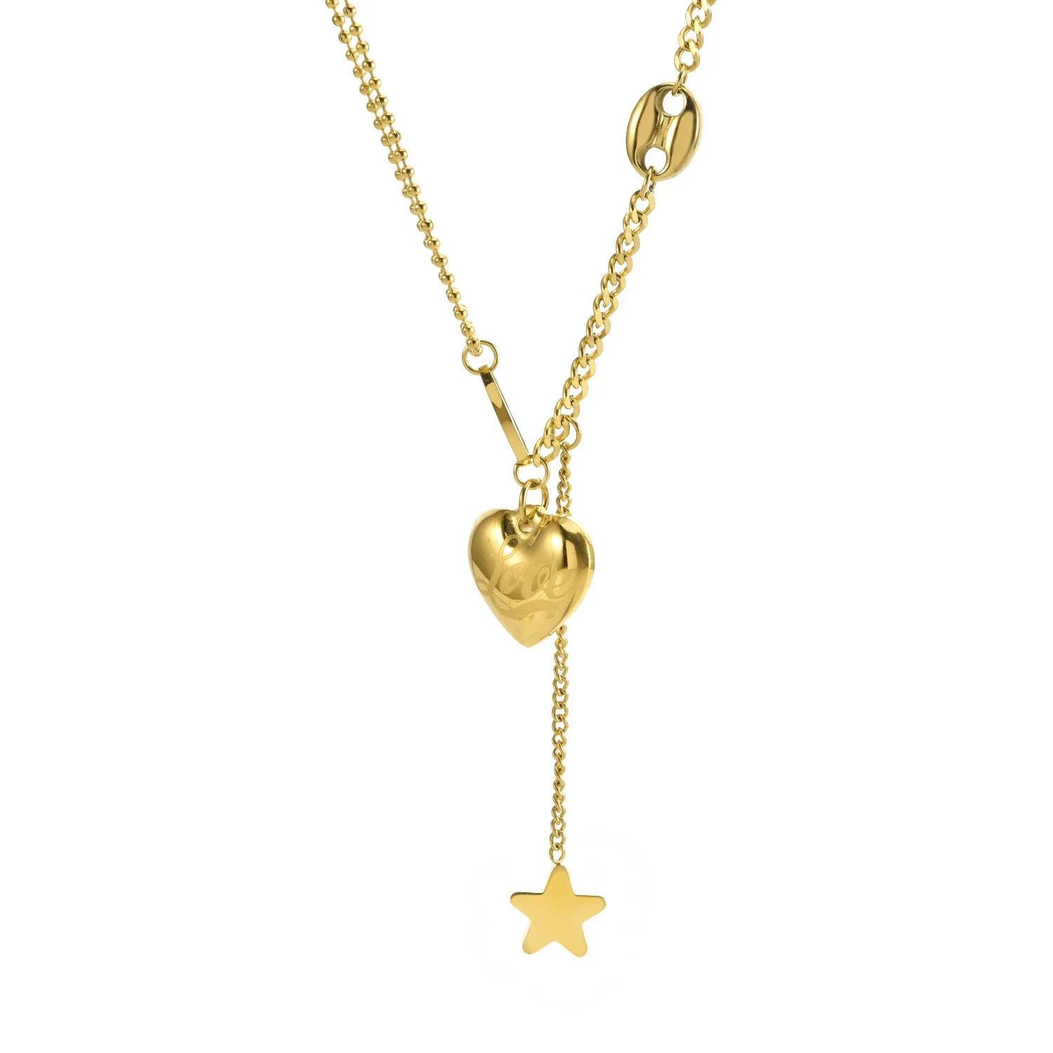 Water Resistant 316L Stainless Steel Long Love Heart Necklace 18K Gold Plated Star Hanging Chain Heart Star Pendant Necklace
