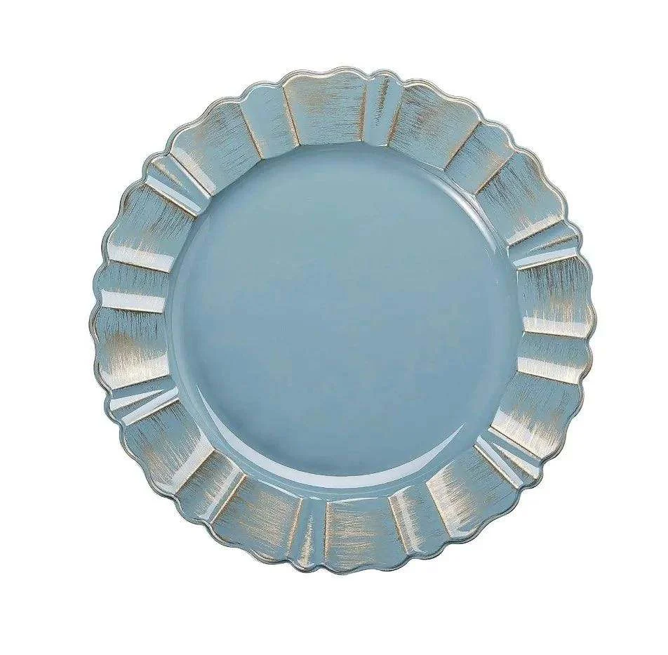 13 inch Vintage Party Banquet Plastic Radial Flower Table Fluted Scalloped White Charger Plates for Wedding Dinner Reception