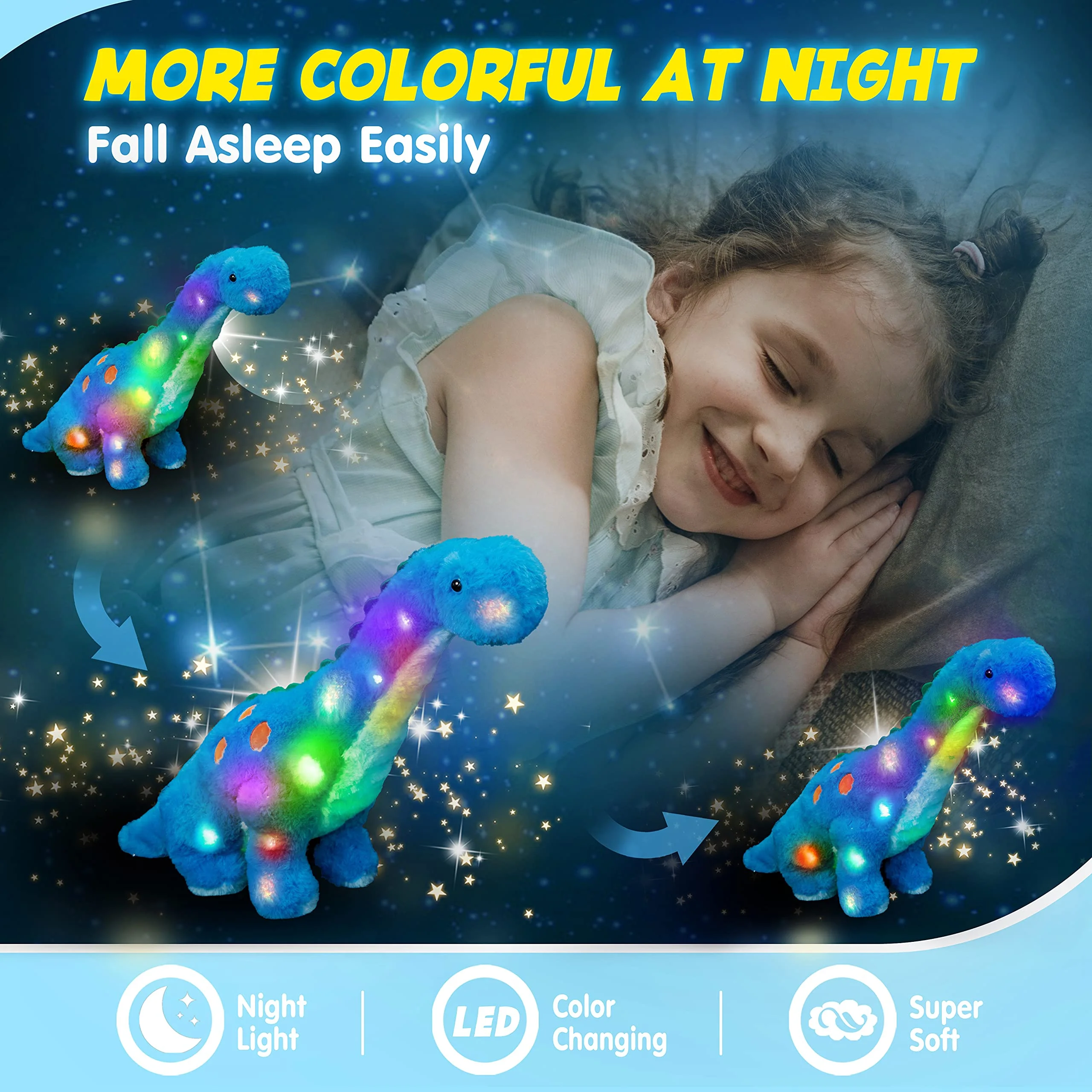 Houwsbaby Light up Dinosaur Diplodocus Stuffed Animal Floppy LED Plush Toy Night Lights Glow Pillow Long Neck Birthday Gifts