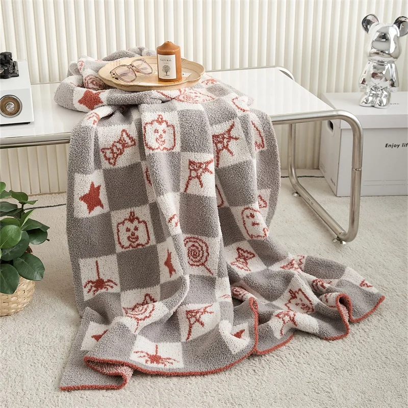Halloween Candy Pumpkin Ghosts Checker Microfiber Knitted Throw Blanket for Home Decoration Winter WSJLY