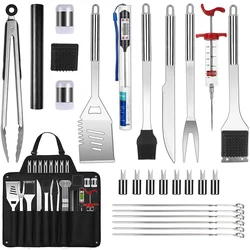 28pcs/set Stainless Steel BBQ Tools Set Apron Storage Bag Outdoor Camping Grill Accessories Barbecue Knife Fork Shovel Oil Brush