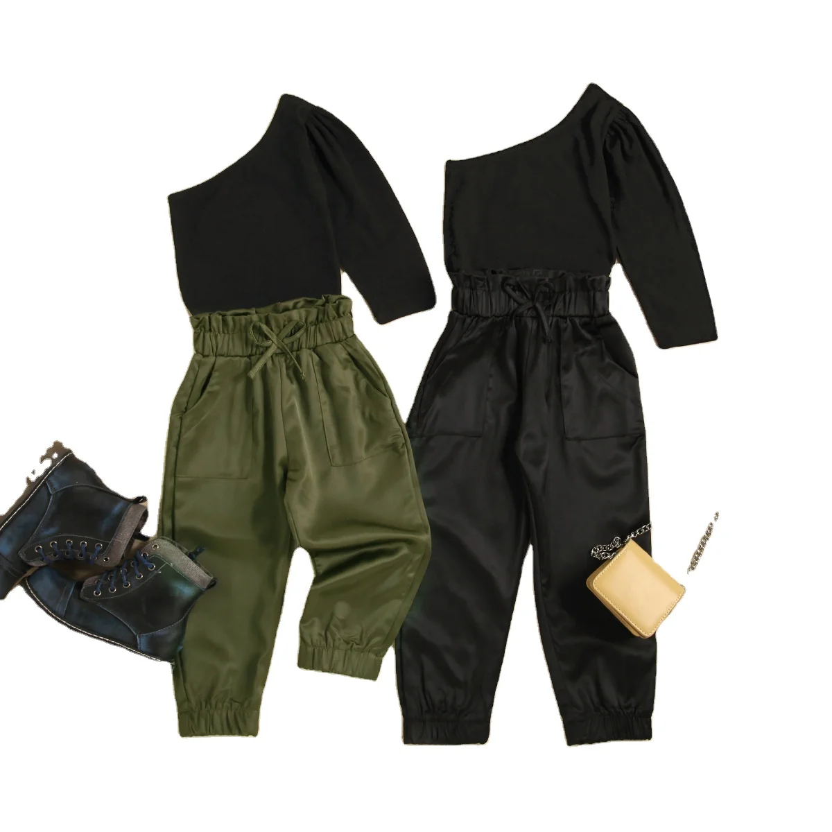 Autumn and winter new features off-shoulder single sleeve knit top green and black two-color woven micro elastic sweatpants for