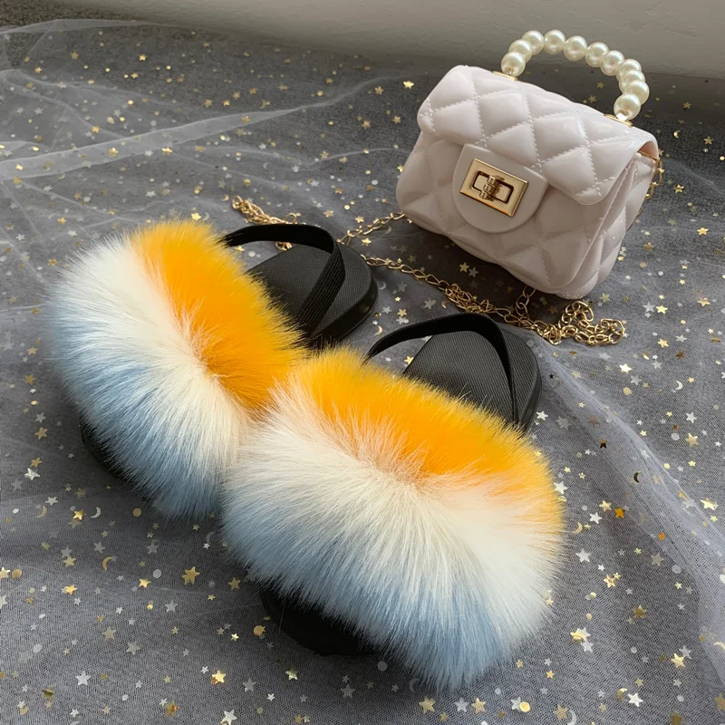 2022 Designer Custom Wholesale Winter Luxury Fluffy colorful Baby Girl Wool Toddler Rainbow Flat Fur Slides With Purse Set Kids