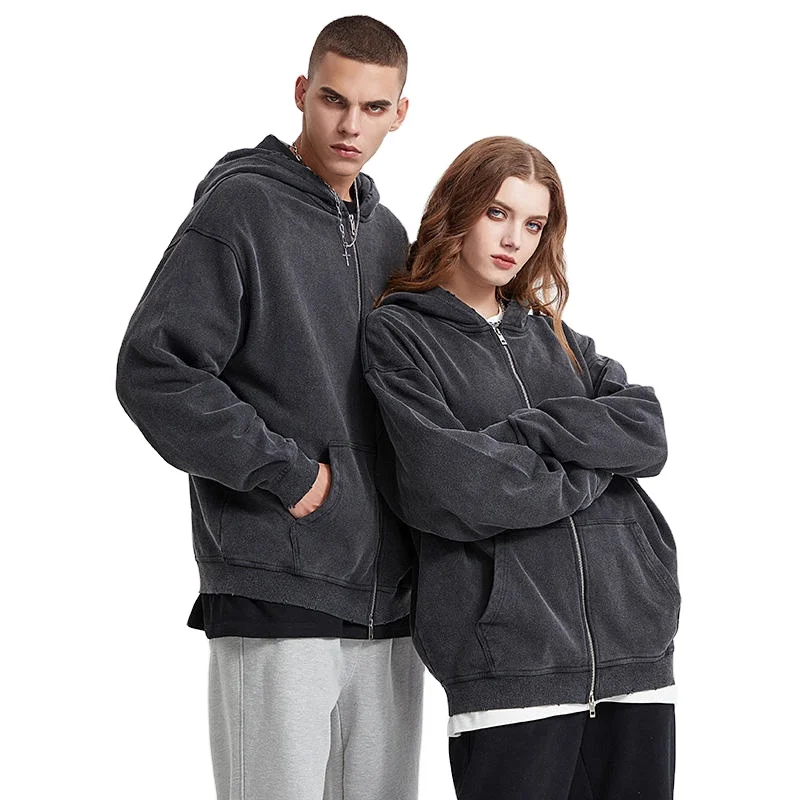 Heavyweight Black Zip Up Hoodies Custom Oversized 100% Cotton Acid Washed Vintage Zip Up Hoodie