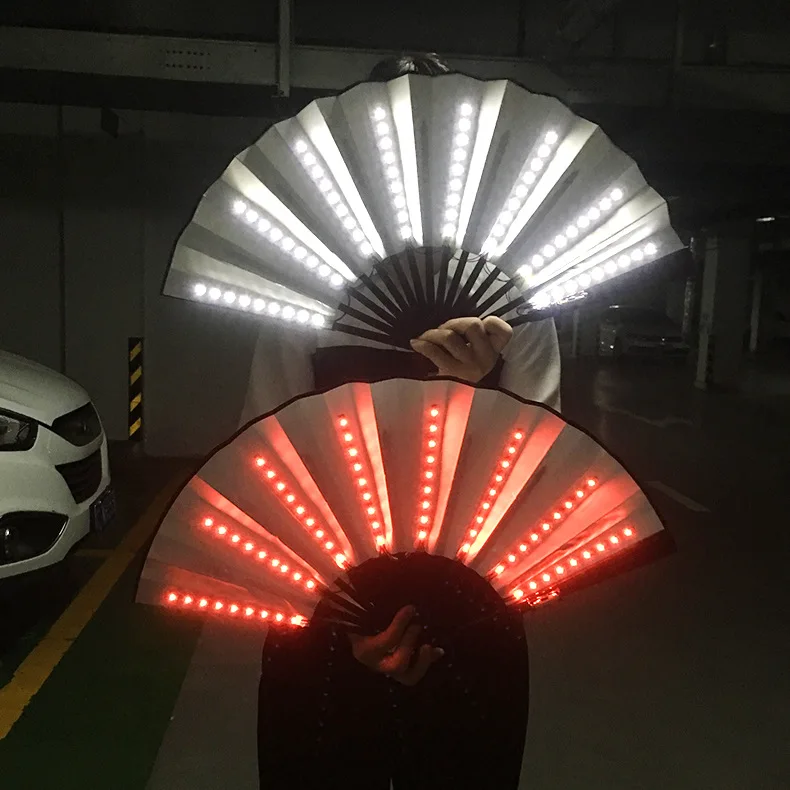 Stock Colorful 13ins Led Hand Fan Folding Light Up Bamboo Decorative Rave Flash Fan For Party
