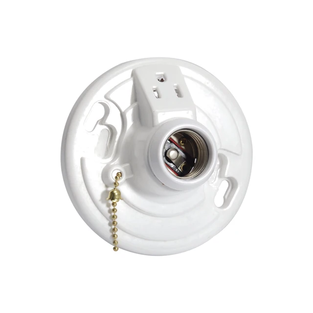 US 250W 125V White Bakelite Plastic Pull Chain Lampholder E26 with Outlet